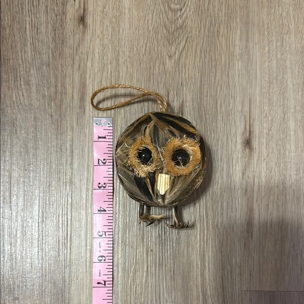 Round Sisal Owl Hanging Holiday Decor Christmas tree ornament Brown Black Tan